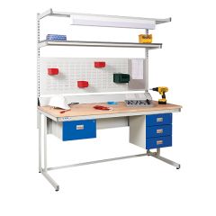 Cantilever Workbench - displayed with above and below bench storage + extension bench