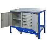 Mobile Workbench With Cupboard and 5 Drawer Unit - Blue Frame